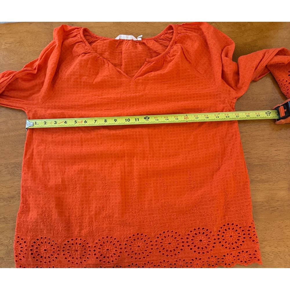 Soft Surroundings Women's Orange Eyelet Cotton Top Split Neck Long Sleeve Sz PXL - Picture 6 of 9
